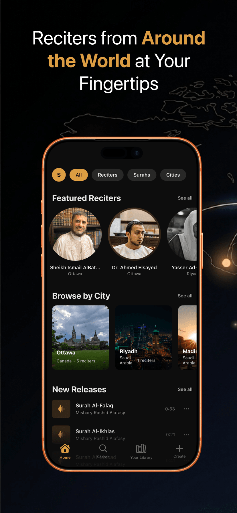 Ayaat home screen, featured reciters, browse by city, new releases