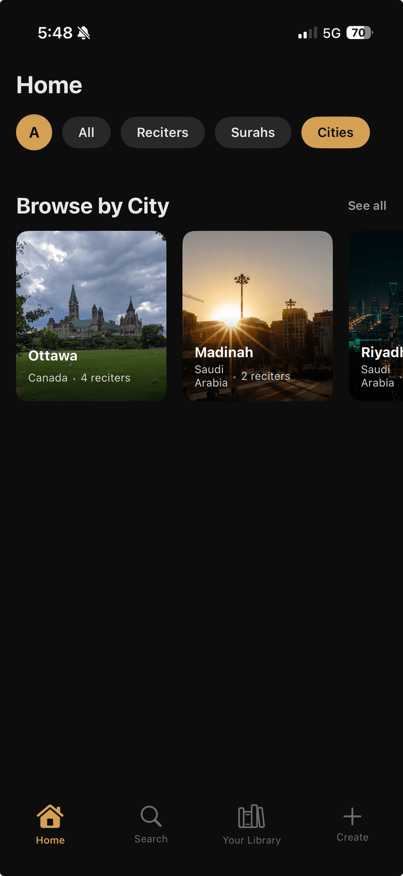 Ayaat cities view showing Ottawa, Madinah, and Riyadh