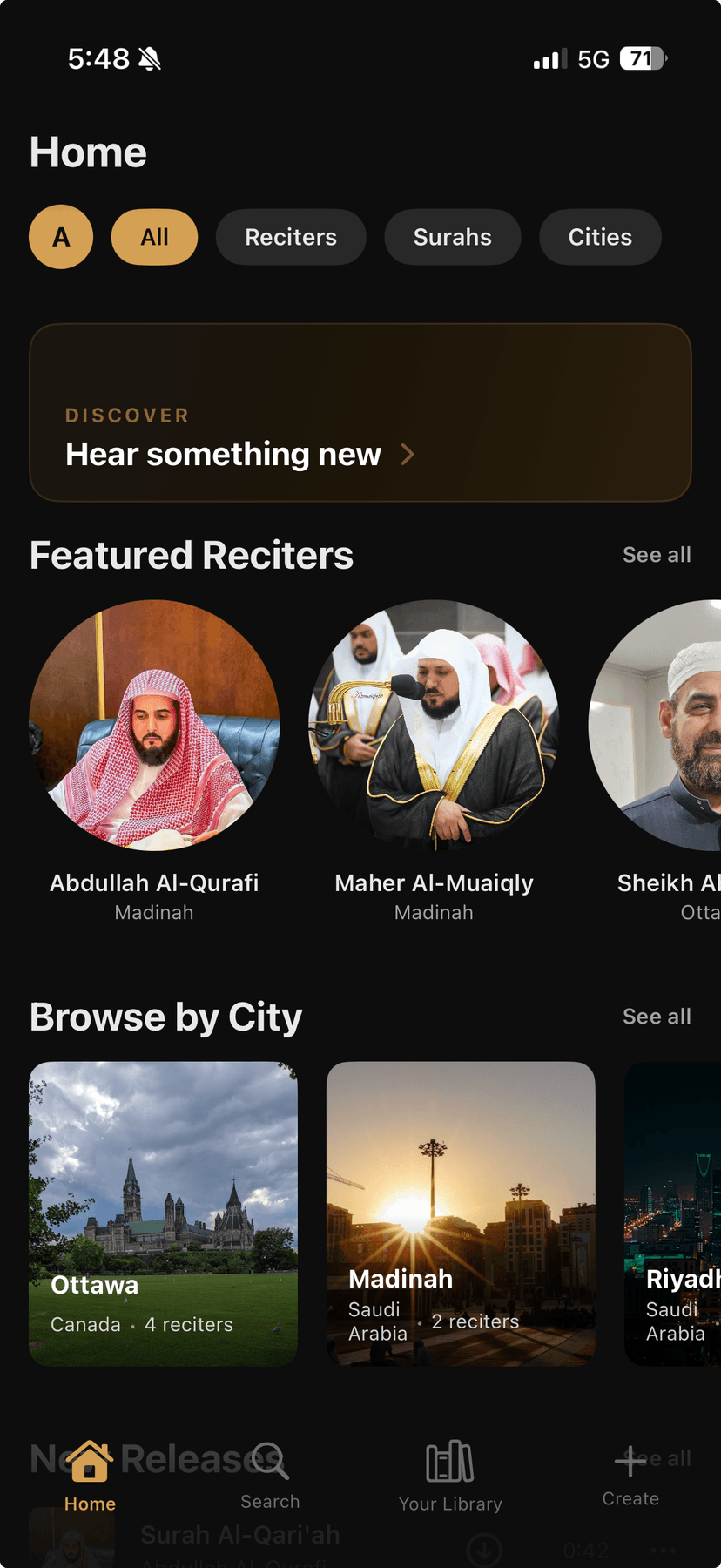 Ayaat home screen showing featured reciters and browse by city