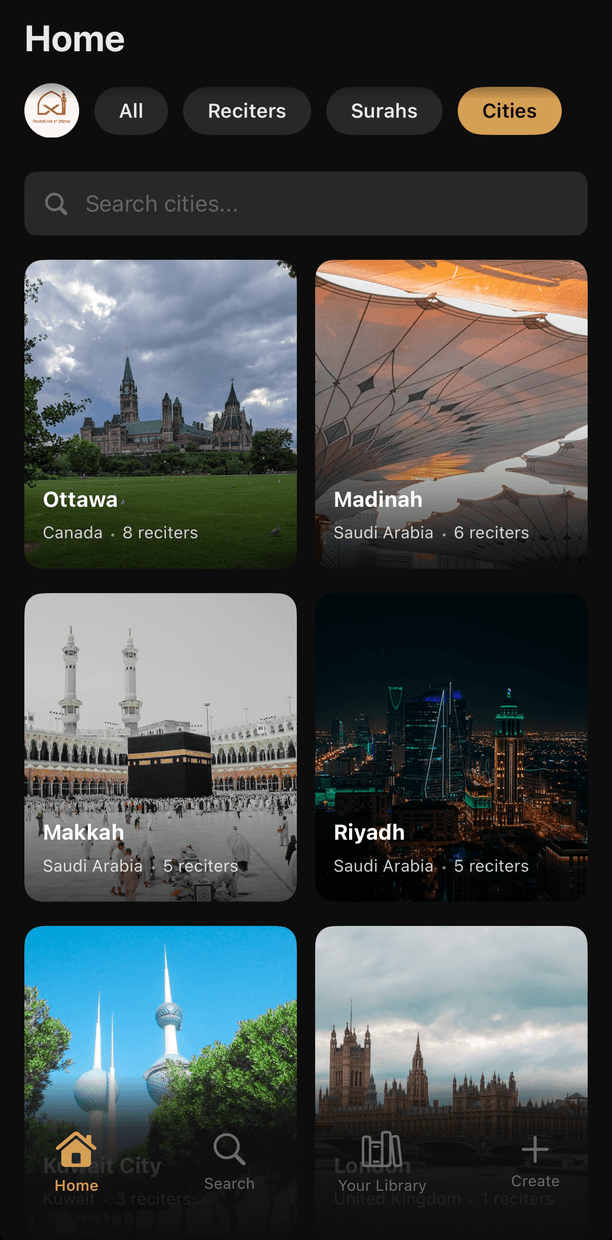 Browsing Quran reciters by city in Ayaat: Ottawa, Madinah, Makkah and Riyadh